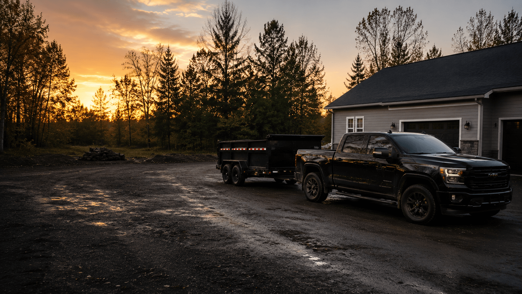 NNY Property Management truck and dump trailer parked at a home at sunset