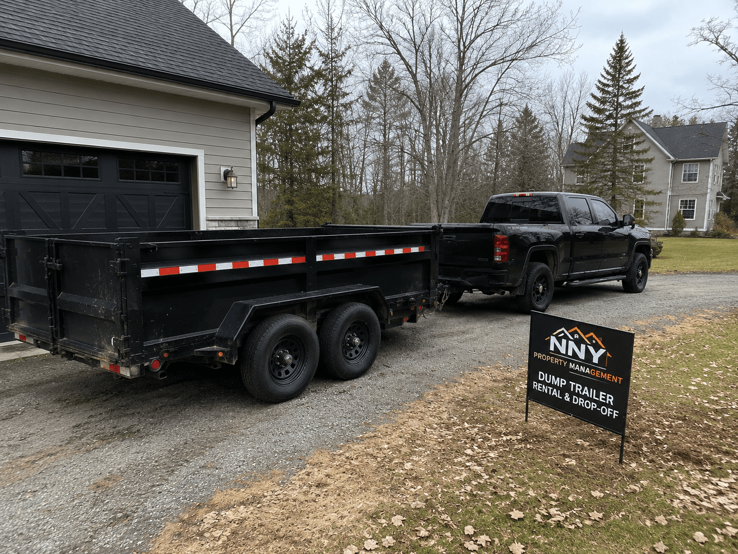 NNY Property Management dump trailer rental delivered to a residential driveway