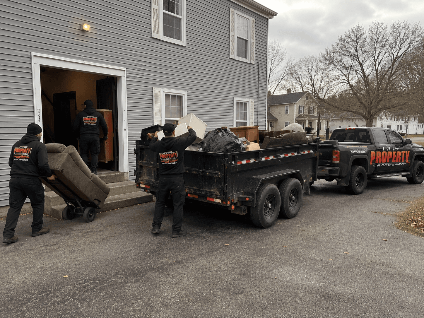 Crew hauling furniture out of a rental unit into a dump trailer