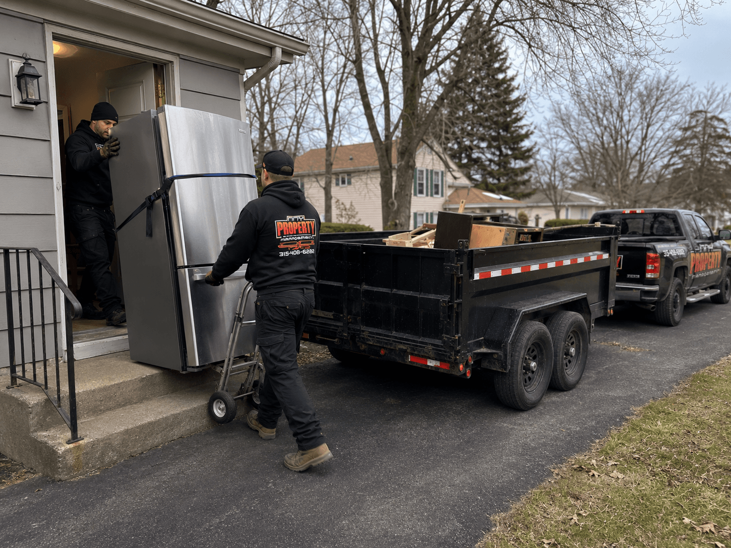 Crew carrying a refrigerator out of a home to a dump trailer