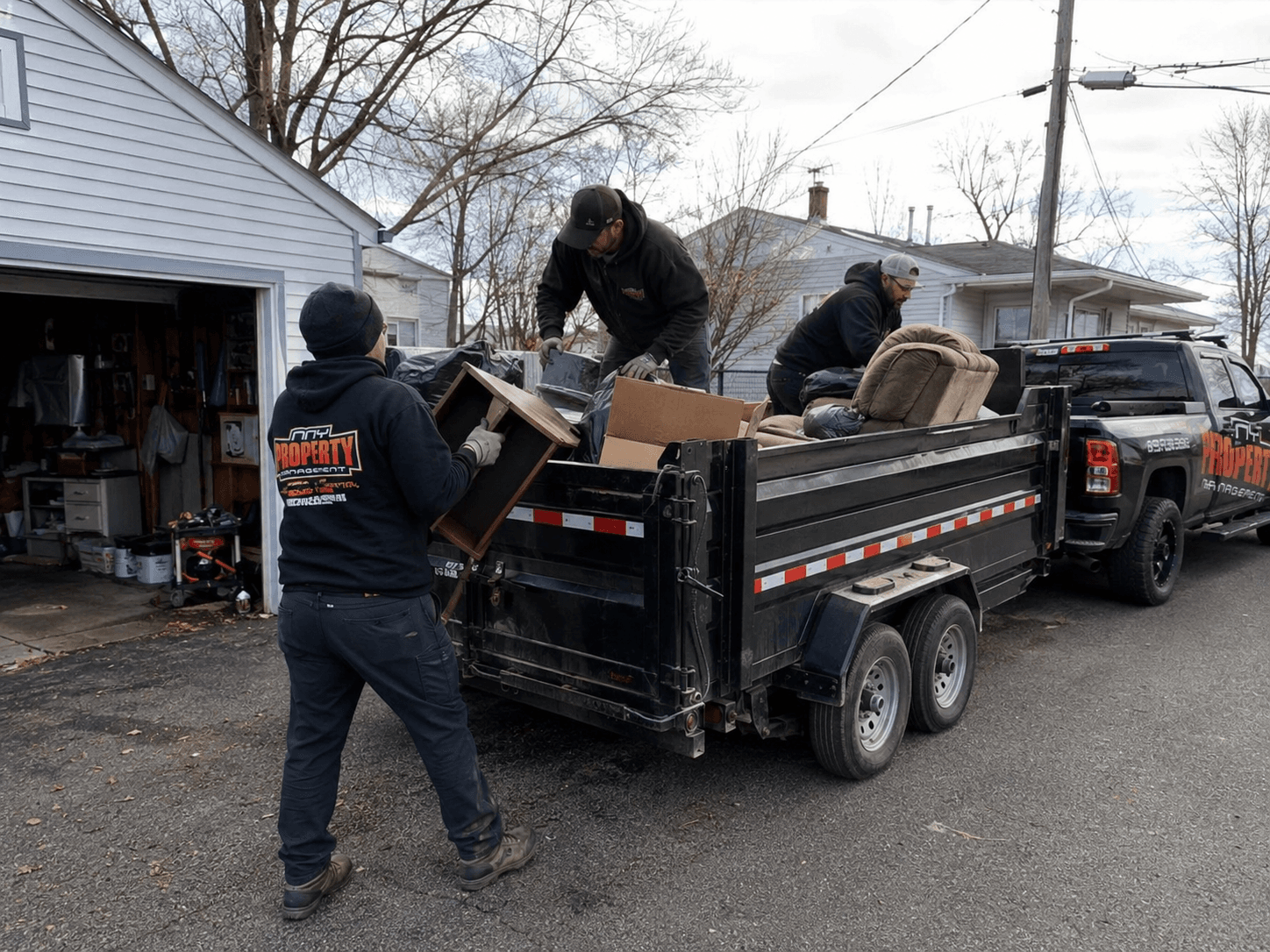 Crew loading household junk into a dump trailer outside a garage
