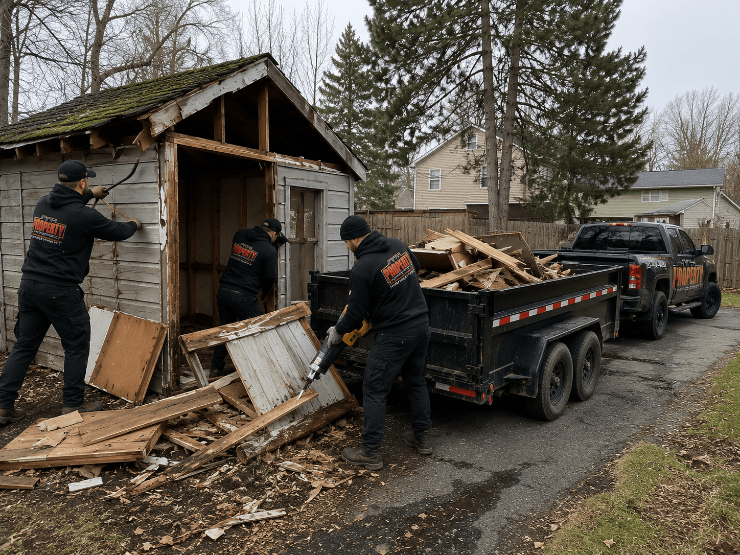 Crew tearing down a backyard shed and hauling scrap wood to a dump trailer